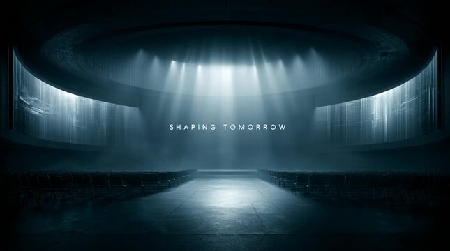 Conference hall with holographic screens and atmospheric lighting, centered typography reading &ldquo;SHAPING TOMORROW,&rdquo; cinematic, high-detail, futuristic, and visually striking technology and business sce