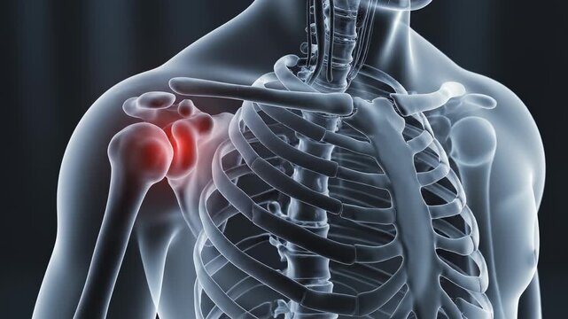 Human shoulder joint pain medical animation with glowing red area