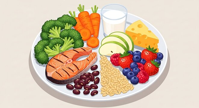 Healthy plate illustration with salmon vegetables fruits and grains.