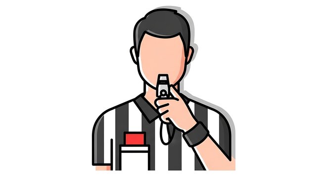 Referee in striped uniform blowing whistle during a sports game.