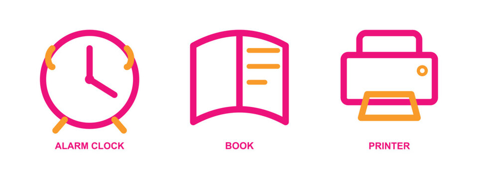 Daily student routine icons with alarm clock open book and desktop printer tool.