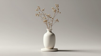 Fototapeta premium Minimalist White Vase with Dried Flowers on Neutral Background