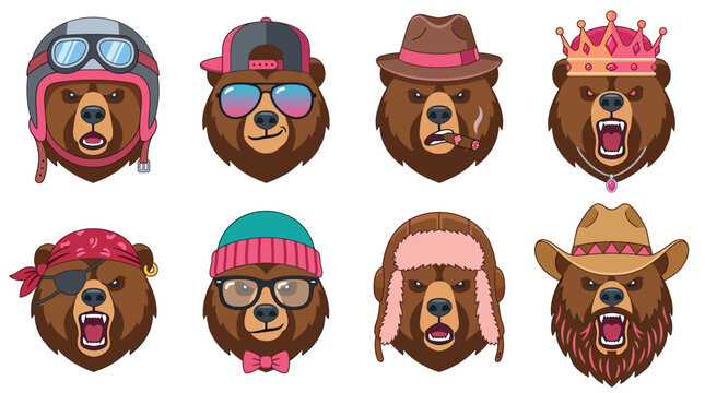 Set of six cartoon bear faces wearing summer accessories in circular frames