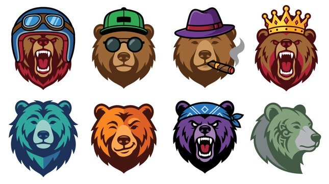 Set of colorful animal masks with fierce expressions in cartoon style