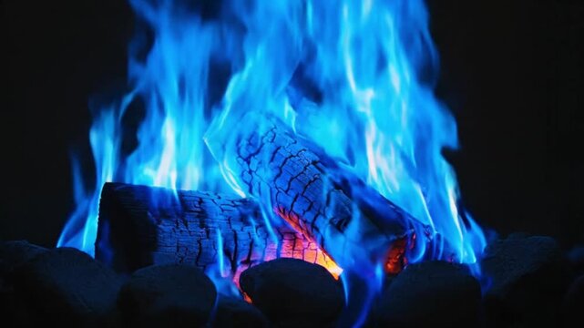 Cozy Blue Flames Dance Around Burning Logs, Illuminating a Warm and Inviting Ambiance