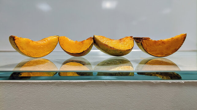 Overripe mango wedges on a glass surface with vivid reflection and solarized contrast