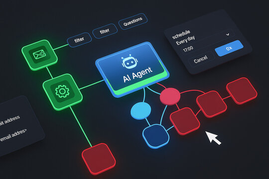 AI Agent Automated Workflow Node Diagram Interface with Schedule Settings, Email Automation and Decision Tree Architecture Design on Dark Screen.