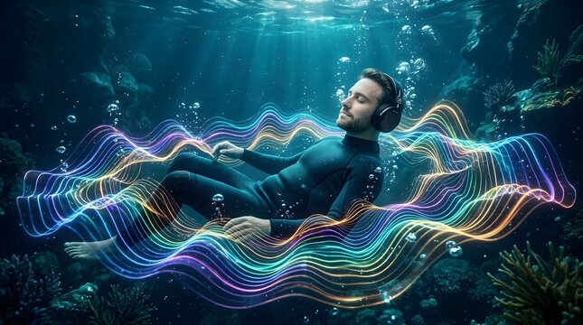 Man wearing diving suit and headphones floating underwater surrounded by colorful glowing sound waves representing peaceful meditation or deep audio experience in dark blue ocean environment calm.