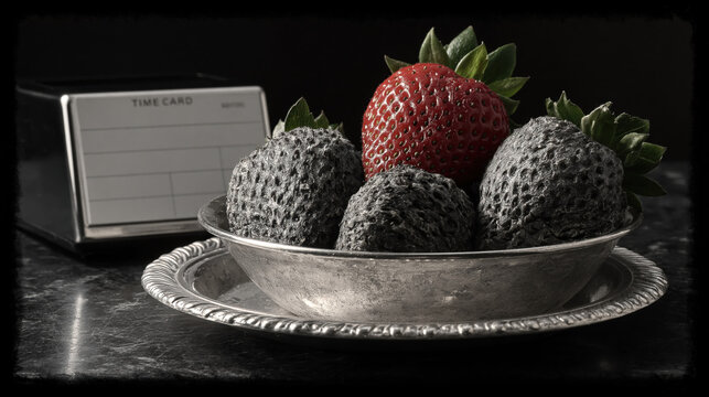 Strawberries in a silver dish beside a blank timecard in a dark monochrome still life