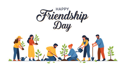 Naklejka premium Happy Friendship Day Planting: A group of diverse friends celebrate Friendship Day by planting saplings together, symbolizing growth, unity, and environmental care.