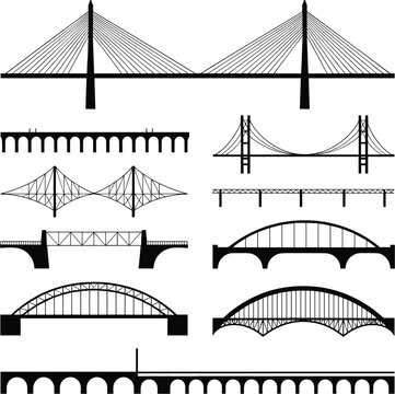 Bridge engineering structures collection isolated vector illustration with suspension and arch bridge designs