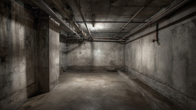 A stark, empty concrete basement interior with exposed pipes and a dimly lit atmosphere, showcasing industrial design elements.
