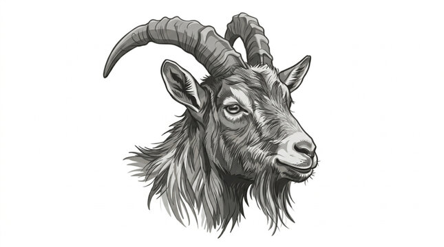 Detailed Pencil Sketch of a Majestic Ibex Goat Head.