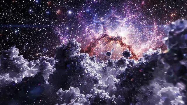 A vibrant nebula explosion occurs in a distant galaxy with purple clouds.