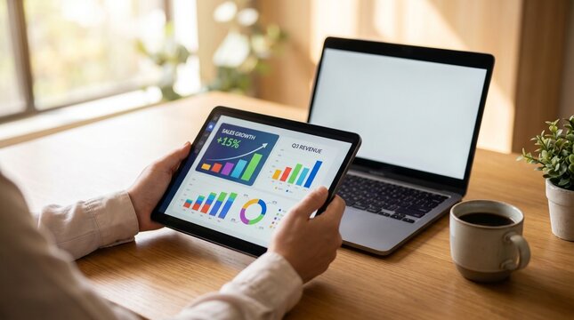 Close-up of hands using tablet showing colorful business data charts and growth graphs, modern wooden desk with laptop and coffee, natural window lighting, bokeh background, ultra realistic, photoreal