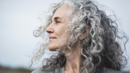 Fototapeta premium A thoughtful woman with beautiful curly gray hair gazing into the distance, embodying wisdom and tranquility in her expression.