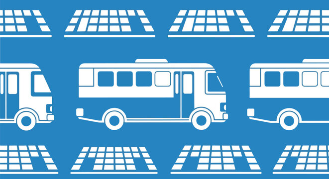 Public transportation bus and grid terminal pattern with white silhouettes on blue color background.