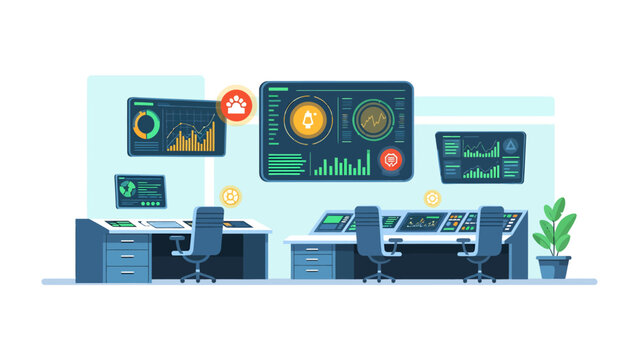 Control Room of the Future: A modern control room equipped with advanced digital displays, interactive screens, and sleek workstations.