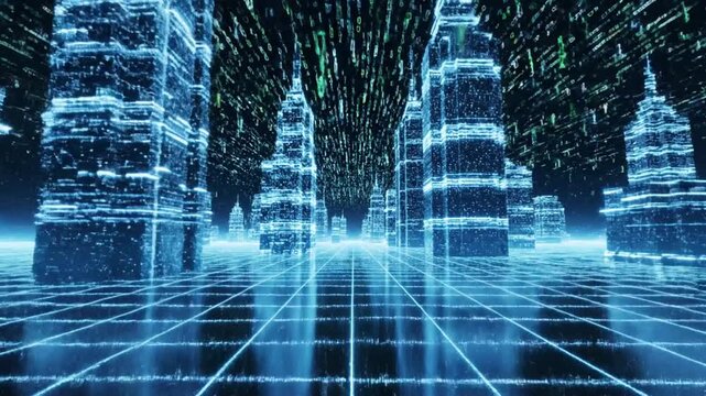 A digital city skyline constructed from glowing blue binary data code