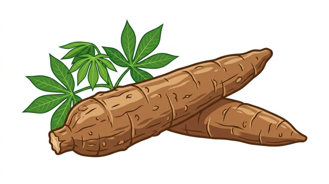 Two fresh cassava roots with green leaves illustration.
