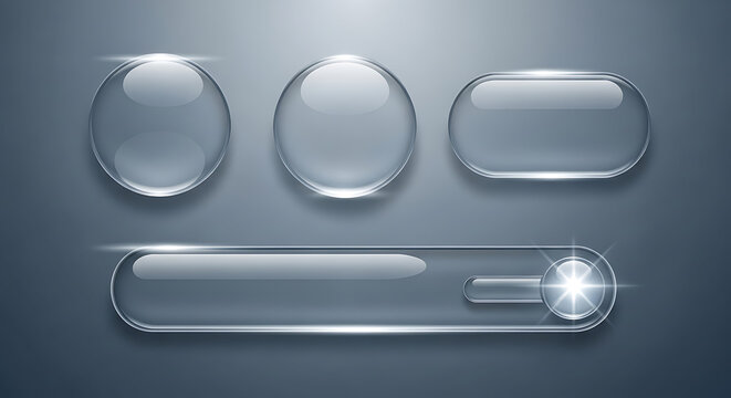 Set of transparent glass UI elements with reflections and slider component interface transparent abstract component template navigation reflective