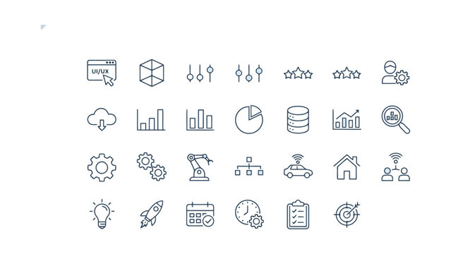 UI UX interface and digital technology icon set featuring minimal line vector graphics for website navigation system analytics and software development project monitoring and professional dashboard