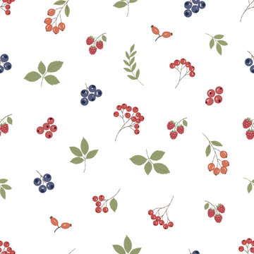 forest seamless pattern with mixed berries and leaves on light background