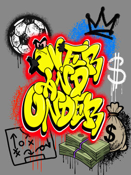 Urban graffiti Never Give Up text with soccer ball, cash and street icons, colorful hip hop vector for poster, sticker and wall art.