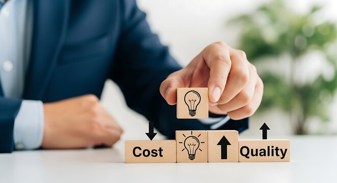 Business strategy wooden blocks for cost reduction and quality improvement, businessman hand balancing light bulb icons on cubes, corporate efficiency concept