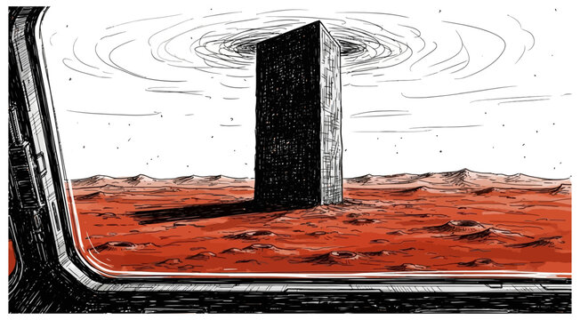 Black monolith on mars landscape sketch illustration on transparent background