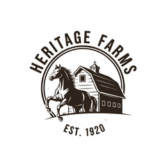 Fototapeta premium Heritage Farms Logo. Horse and Barn Illustration. Vintage Engraved Style. Monochrome Vector.