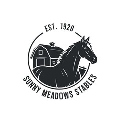 Horse Stable Logo. Vintage Farm Emblem. Rustic Woodcut Style. Monochrome Illustration. Branding Asset. © khafid
