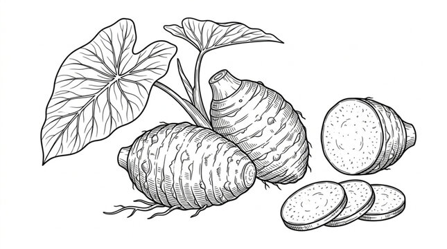 Taro root plant with leaves and sliced tubers illustration.