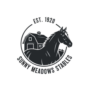 Horse Stable Logo. Vintage Farm Emblem. Rustic Woodcut Style. Monochrome Illustration. Branding Asset.