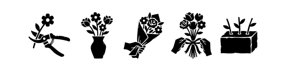 Black and White Floristry Icon Set Featuring Pruning Shears, Flower Vase, Hand-Held Bouquet, Ribbon Tying, and Plant Propagation Blocks - Professional Floral Shop and Gardening Symbols Illustration © Victor