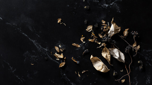 Aesthetic arrangement of dried leaves and flowers, creating a beautiful contrast against a dark background.