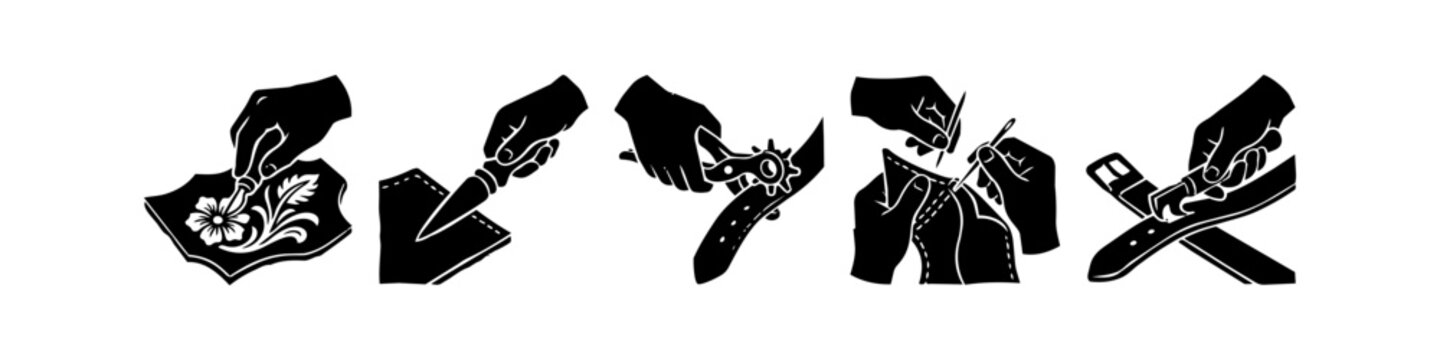 Collection of Leathercraft Silhouette Icons Showcasing Manual Processes Like Carving, Cutting, Hole Punching, Saddle Stitching, and Edge Finishing with Hand Tools