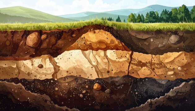 Soil profile trench showing O, A, B, and C horizons in natural landscape