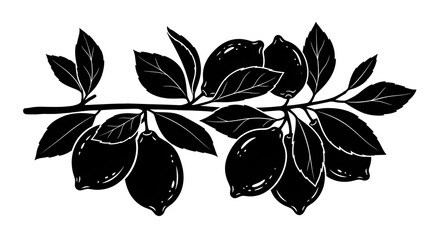 Obraz premium Lemon Branch Silhouette, Citrus Fruit, Black and White Illustration