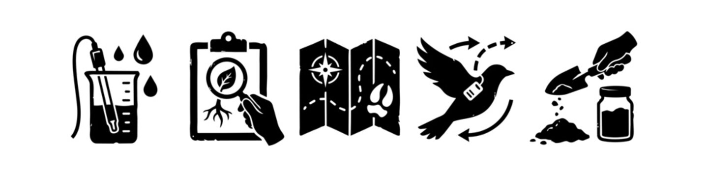 Environmental Science and Field Research Icon Set for Wildlife Tracking, Water Quality Testing, Soil Sampling, Botany, and Ecology Studies