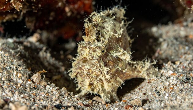 Close-up macro portrait of a hairy frogfish camouflaged on reef rubble