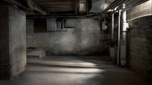 An empty basement space with concrete walls, dim lighting, and pipes visible. A perfect backdrop for various creative projects.