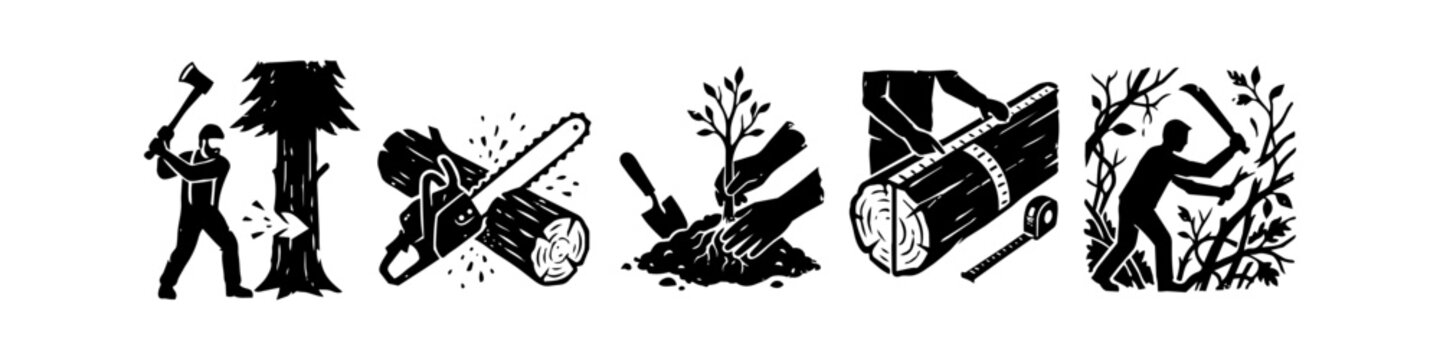 Forestry and Woodworking Woodcut Style Illustration Set Featuring Lumberjack Chopping Tree, Chainsaw Cutting Logs, Sapling Planting, Timber Measurement, and Brush Clearing Silhouette Icons