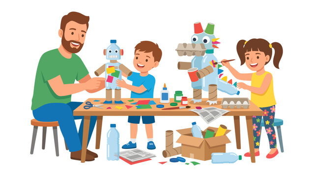 Creative Crafting Session: A father and his two children engage in a fun and imaginative crafting activity, creating unique robots and a dragon from recycled materials.