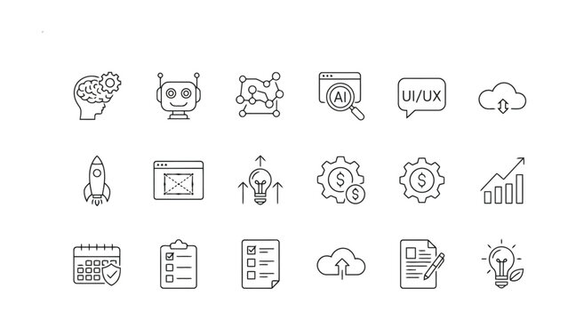 Minimalist linear icon set for human cognition artificial intelligence UI UX design cloud computing project management coding financial growth and digital documentation services