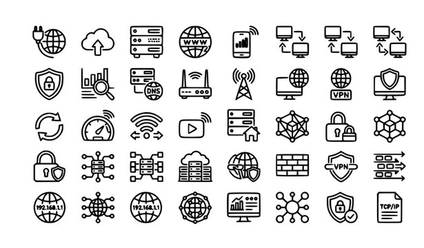 Editable stroke internet and digital network line icon collection isolated vector set