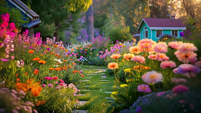 Moving through a spring flower field toward a cute garden house, dreamy countryside landscape with peaceful blooming nature atmosphere