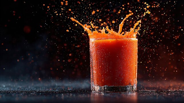 A dramatic splash shot of tomato juice being poured into a glass against a dark background, with droplets frozen mid-air