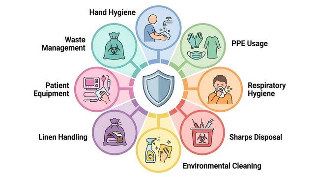 Standard precautions overview infographic for care facility infection prevention