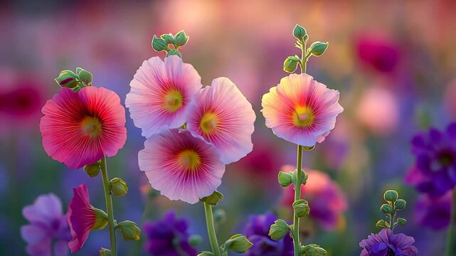 Pink hollyhock blossoms blooming in a field with soft sunlight, peaceful floral landscape with fresh natural spring atmosphere